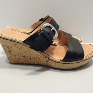 Born Women Sandal 8M Black Leather Open Toe Cork Wedge Comfort Shoes
